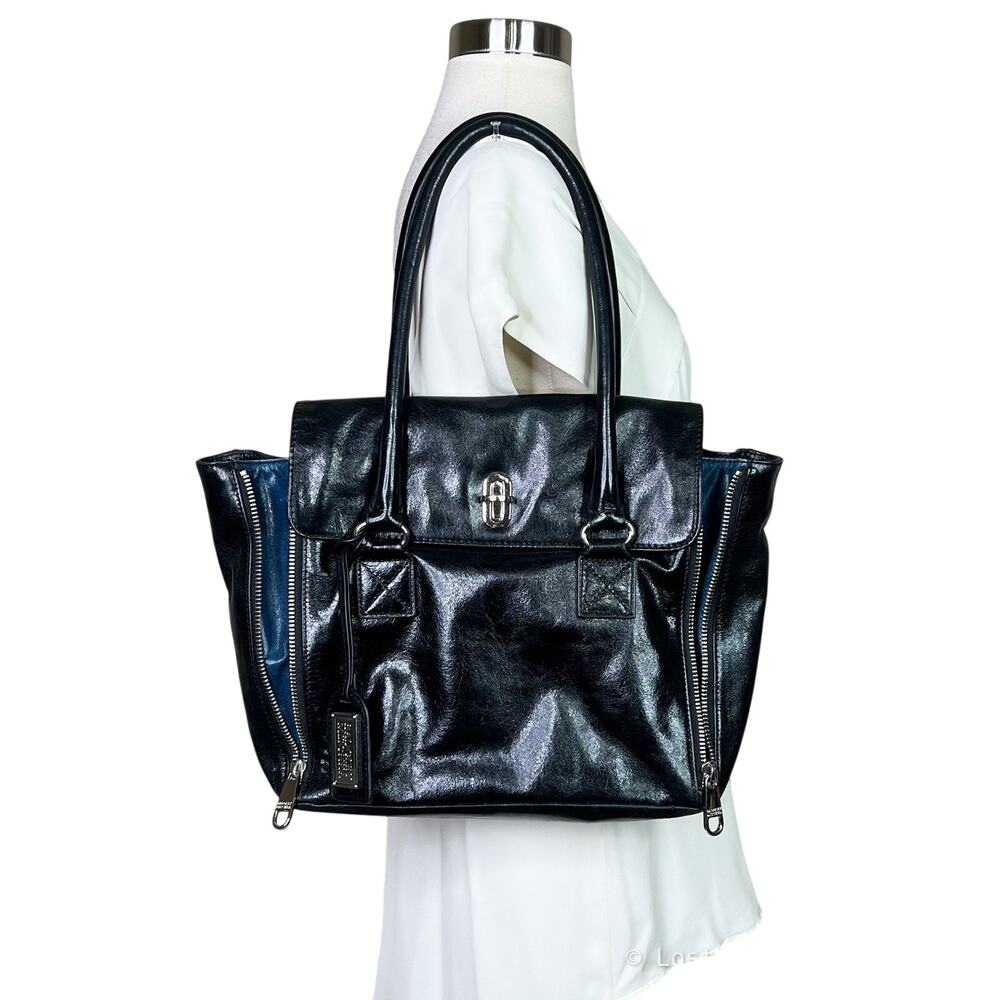 Badgley Mischka | Black Genuine Patent Leather Zip Blue Satchel Bag Purse